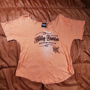 Harley Davidson‎ Women's Large Cropped Peachy Orange Short Sleeve T-Shirt Nassau
